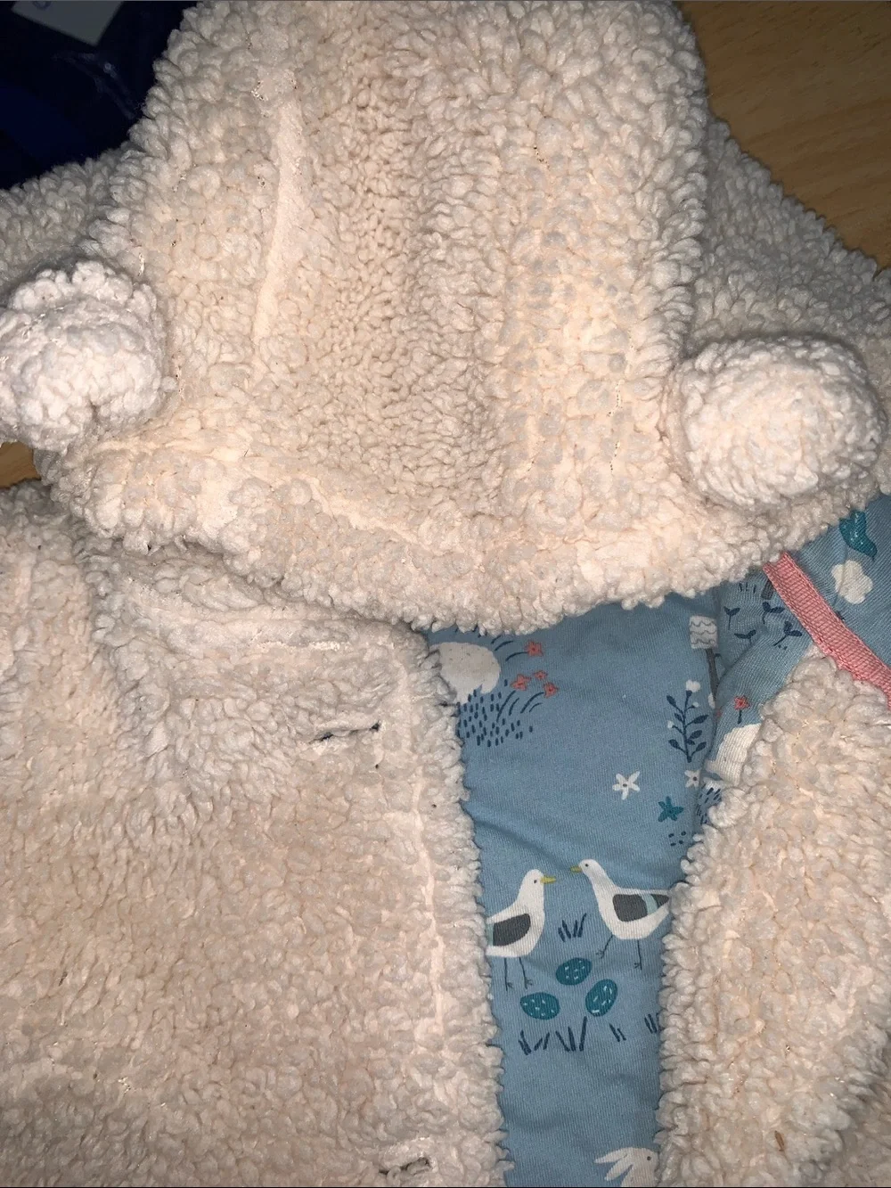 Baby Boden Cream Sherpa Hooded Puffer with Bear-Ear Hood